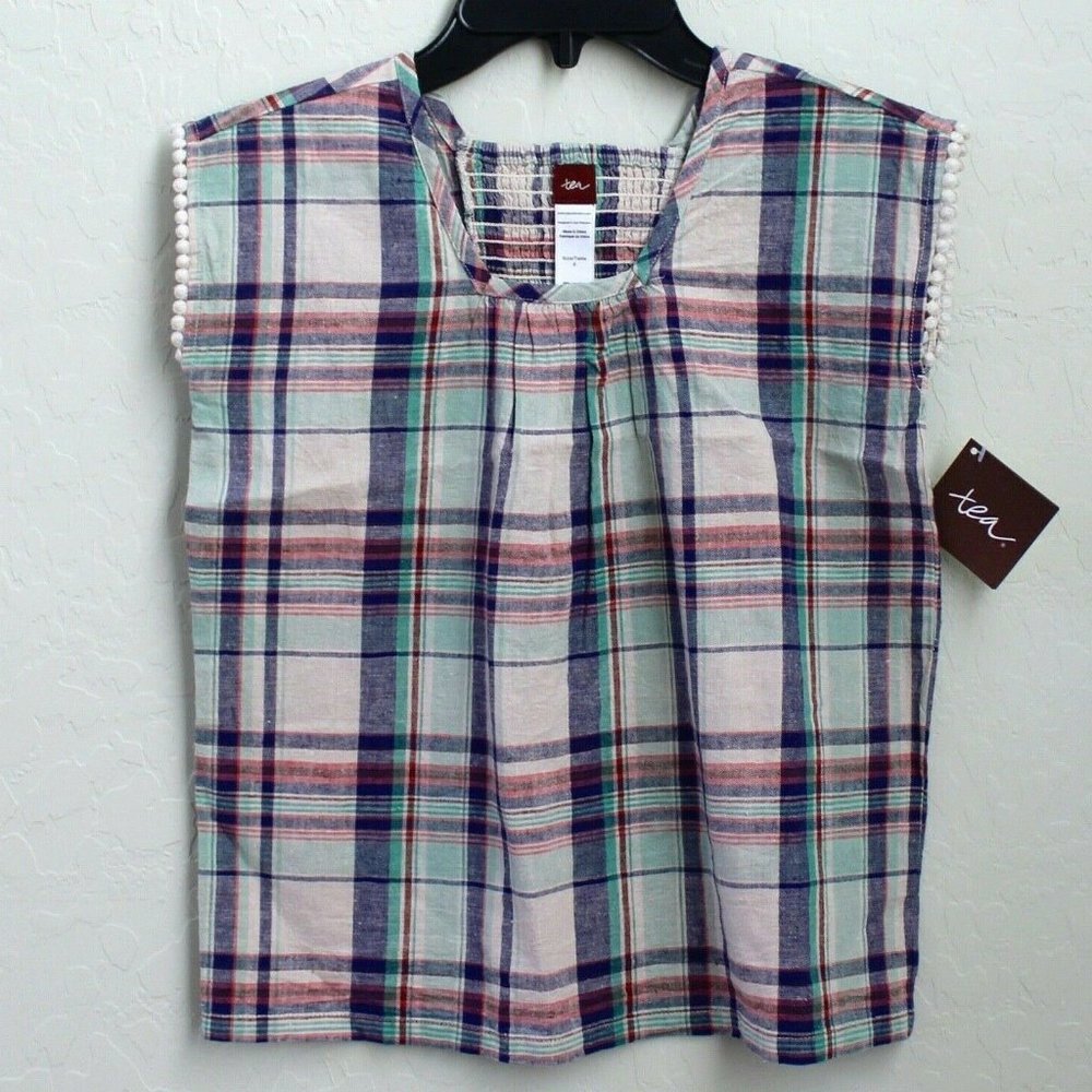 Tea Collection Sleeveless Plaid Smocked Back Linen Blend Blouse Size 6